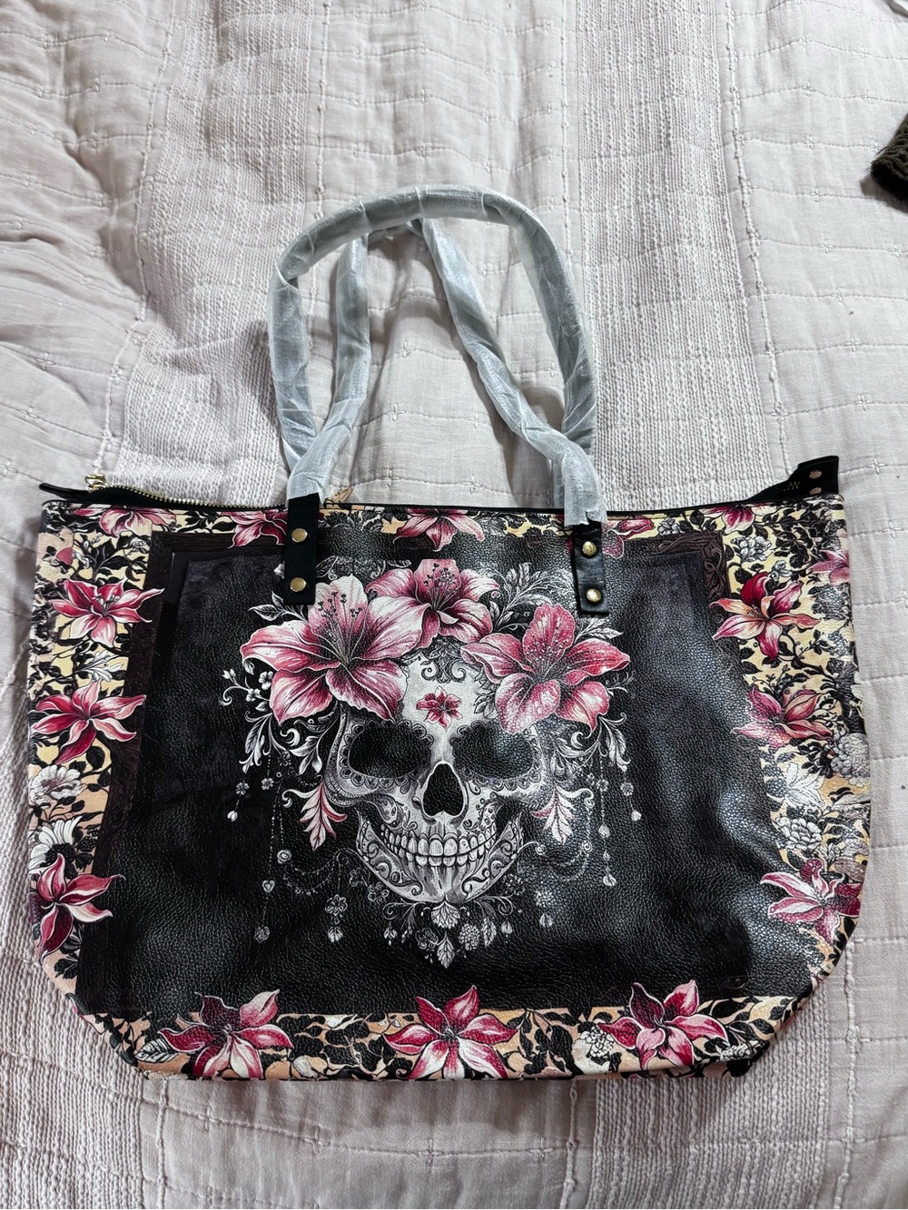 Black Floral Skull Tote Bag with Pink Accents - Picture 2 of 3